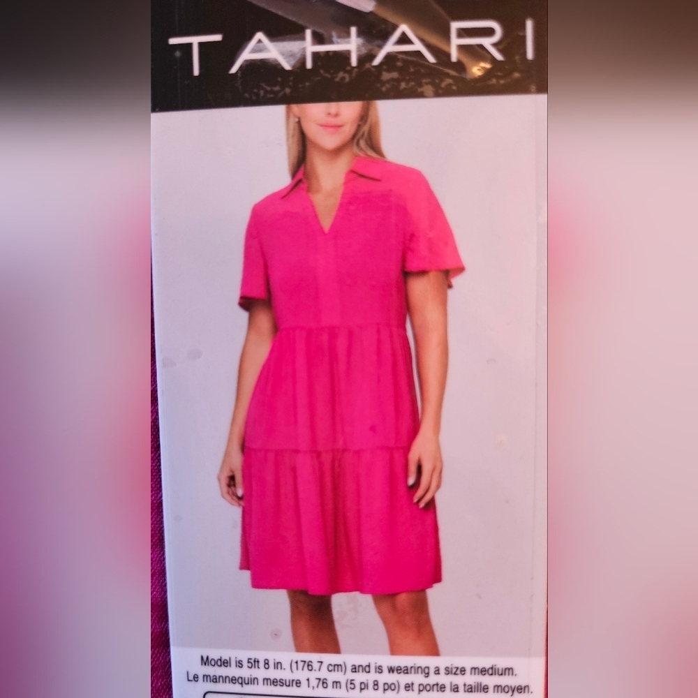 Tahari Pink Short Sleeve Tiered Ruffle Smock Dress, NWT, Small